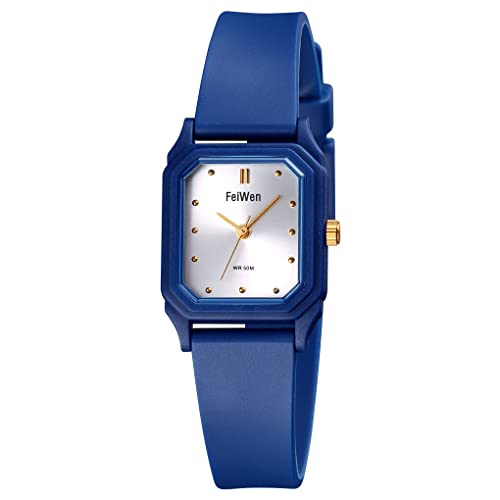 FeiWen Damenuhr Wasserdicht Analog Quartz Fashion Casual Uhren Minimalismus Junge Mädchen Armbanduhr Plastik Lünetten mit Kautschuk Band (Blau) von FeiWen