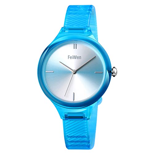 FeiWen Damenuhr Wasserdicht Analog Quartz Fashion Casual Uhren Minimalismus Mädchen Armbanduhr Plastik Lünetten mit Kautschuk Band (Blau) von FeiWen