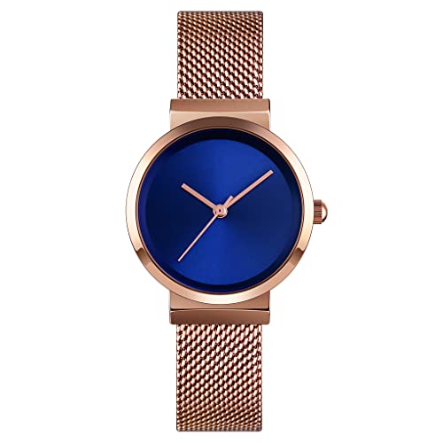 FeiWen Fashion Damen Analog Quarz Edelstahl Einfach Uhren Mädchen Ornament Armbanduhr (Roségold Blau) von FeiWen