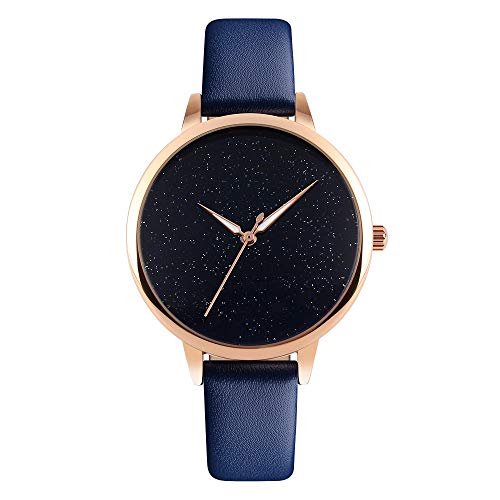 FeiWen Fashion Luxuriös Damen Analog Quarz Armbanduhren Minimalismus Gold Edelstahl Sternenklarer Himmel Wählscheiben mit Leder Band Elegant Casual Uhren, Blau von FeiWen