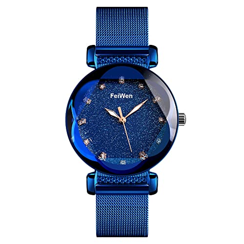 FeiWen Fashion Luxus Damenuhr Edelstahl Analog Quarz Uhren Elegant Casual Kristall Stern Armbanduhren Geschäft Kleidung Stil (Blau) von FeiWen