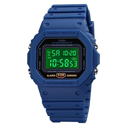 FeiWen Herren und Damen Sport Uhren Wasserdicht Plastik Wählscheiben mit Kautschuk Band Outdoor Militär Digital Multifunktional Elektronik LED Armbanduhren (Blau Weiß) von FeiWen