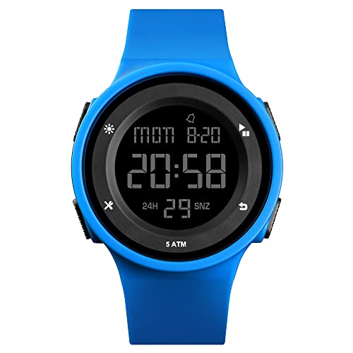 FeiWen Multifunktional Digital Uhren für Damen Junge und Mädchen 50M Wasserdicht LED Doppelte Zeit Outdoor Sport Digital Militär Armbanduhren Plastik Wählscheiben mit Kautschuk Band, Blau von FeiWen