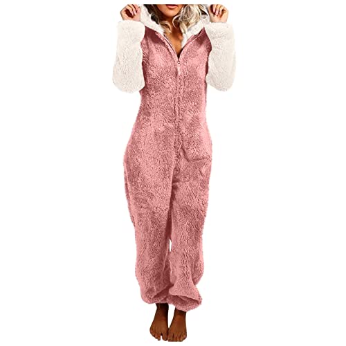 Damen Jumpsuit Elegant Teddy Fleece Schlafanzug Einteiler Winter Warm Onesie Plüsch Kuschelig Overall Flauschig Hausanzug Lang Schlafoverall Weich Pyjama Schlafanzug mit Kapuze & Reißverschluss von Feibeauty