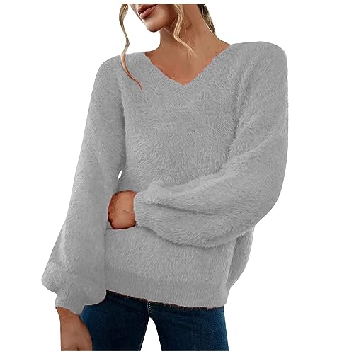 Feibeauty Glitzer Oberteile Damen Oversize Pullover Damen Longshirt Einfarbig Herbst Winter Warm Langarm Strickpullover V Ausschnitt Lange äRmel Stricken Sweatshirt PlüSch Spaghetti Top Damen von Feibeauty