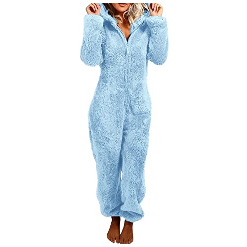 Jumpsuit Damen Elegant Damen Jumpsuit Fleece Schlafanzug Einteiler Winter Warm Onesie Plüsch Kuschelig Overall Flauschig Schlafanzug Lang Schlafoverall Pyjama Hausanzug mit Kapuze & Reißverschluss von Feibeauty