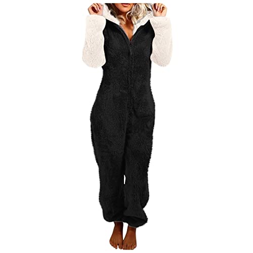 Jumpsuit Damen Elegant Damen Jumpsuit Fleece Schlafanzug Einteiler Winter Warm Onesie Plüsch Kuschelig Overall Flauschig Schlafanzug Lang Schlafoverall Pyjama Hausanzug mit Kapuze & Reißverschluss von Feibeauty