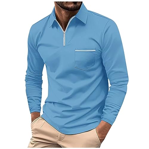 Muskelshirts Herren Schulkind T-Shirt Thermal Underwear Men Zipper Revers Langarm Tasche Polohemd Einfarbig Regular Fit Polo Shirt Mit Brusttasche Pullover (Himmelblau, M) von Feibeauty