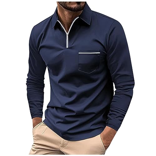 T-Shirts FüR Herren Weisses Hemd MäNner BierköNig Tshirt Zipper Revers Langarm Tasche Polohemd Einfarbig Regular Fit Polo Shirt Mit Brusttasche Leinen Shirt Herren (Marine, L) von Feibeauty