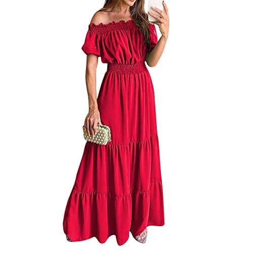 schwarzes Kleid Prinzessin Kleid Festliche Kleider für ab 50 Jahren Schulterfrei RüSchen Einfarbig Kurzarm Bodenlang Kleid Sexy Hohe Taille Lang Kleid Elegant A-Linie Tunika Kleid Boho blusenkleid von Feibeauty