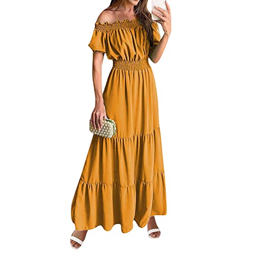 wickelkleid Damen Festliche Kleider für Damen glitzerkleid Schulterfrei RüSchen Einfarbig Kurzarm Bodenlang Kleid Sexy Hohe Taille Lang Kleid Elegant A-Linie Tunika Kleid Boho Kleider Kleid (Gelb, M) von Feibeauty