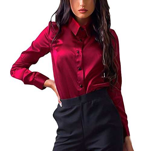 FeiliandaJJ Damen Hemd Bluse, Seide Langarm Shirt Slim Fit Freizeit Oberteil Elegant Top (Rot, DE 38/S) von FeiliandaJJ