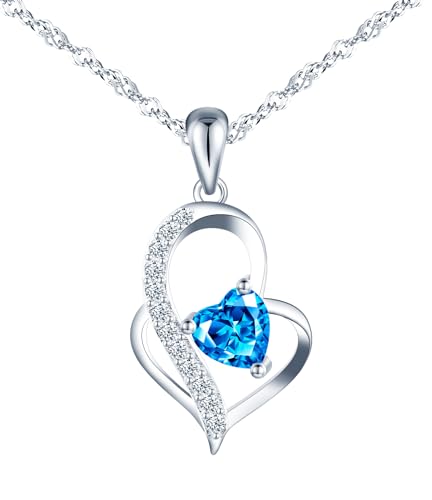 feilok Halskette Damen Kette mit Herzkette Herz blau Zirkonia Anhänger aus 925 Sterling silber Halskette für Frauen Mädchen Valentinstag von Feilok