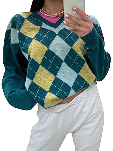 Damen Argyle-Strickpullover im Vintage-Stil, adretter England-Stil, langärmelig, Y2K E-Mädchen, 90er Jahre, Streetwear, D-Seeblau, S von Felcia