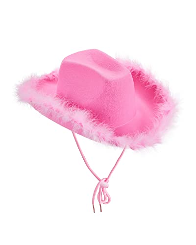 Cowboyhut für Damen, Erwachsene, einfarbig, pelziger Rand, breite Krempe, Cowboyhüte mit Federn für Verabredung, Party, Tanz, Rosa, rose, Einheitsgröße von Felcia