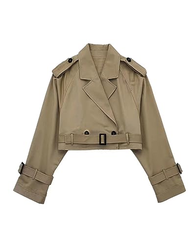 Damen Crop Jacke Casual Langarm Zweireiher Trenchcoat Herbst Kurz Trenchcoat mit Gürtel, A-Kaki, 36 von Felcia