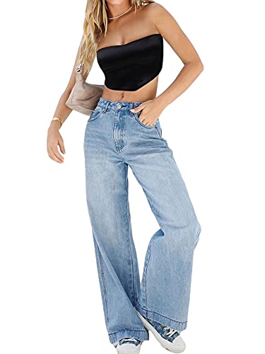 Damen Y2K High Waist Pants Wide Leg Denim Jeans Straight Casual Loose Baggy Hose Vintage E-Girl Streetwear, Dunkelblau, M von Felcia