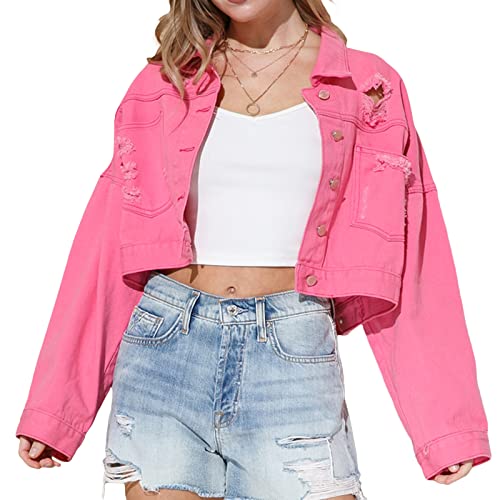 Damen Jeansjacke Klassische Vintage Knopf Fransen Cropped Jeansjacke Oversized Jean Coat Y2K Aesthetic Top, B-Rose Red, 38 von Felcia