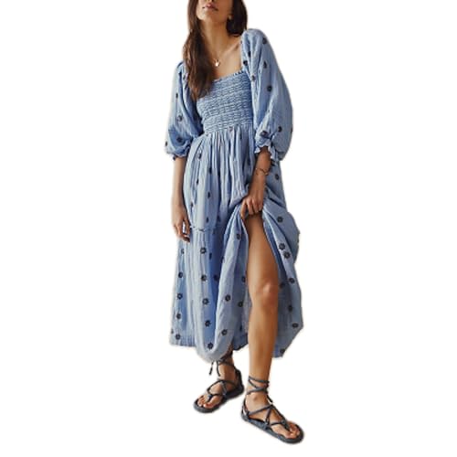 Damen Langarm Maxikleid Quadratischer Ausschnitt Blume Stickerei Rückenfrei Bohemian Flowy Kleid Elegant Strand Langes Kleid, B-sky blue, Small von Felcia