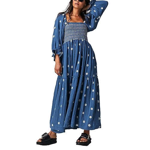 Damen Langarm Maxikleid Quadratischer Ausschnitt Blume Stickerei Rückenfrei Bohemian Flowy Kleid Elegant Strand Langes Kleid, Dunkelblau, Medium von Felcia