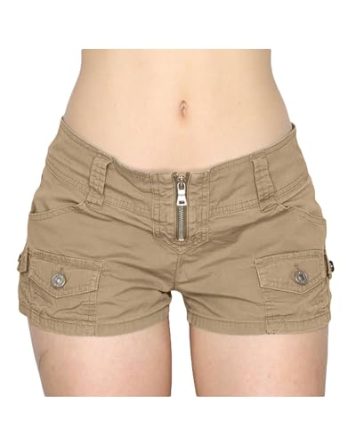 Damen Low Rise Cargo Shorts Vintage Sommer Kurze Hosen Y2K Cargo Shorts Mode Streetwear, A-Kaki, S von Felcia