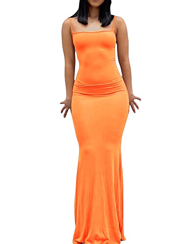 Damen-Maxikleid mit Spaghettiträgern, ärmellos, lang, einfarbig, figurbetont, unten weit ausgestellt, Abend- und Partykleid, Orange, Medium von Felcia