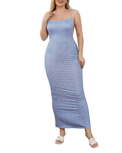 Damen-Maxikleid mit Spaghettiträgern, ärmellos, lang, einfarbig, figurbetont, unten weit ausgestellt, Abend- und Partykleid, Q-blue, L von Felcia