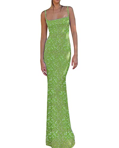 Damen-Maxikleid mit Spaghettiträgern, ärmellos, lang, einfarbig, figurbetont, unten weit ausgestellt, Abend- und Partykleid, Q-green, Medium von Felcia