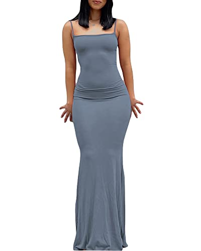 Damen-Maxikleid mit Spaghettiträgern, ärmellos, lang, einfarbig, figurbetont, unten weit ausgestellt, Abend- und Partykleid, dusty blue, Small von Felcia