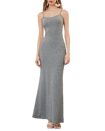 Damen-Maxikleid mit Spaghettiträgern, ärmellos, lang, einfarbig, figurbetont, unten weit ausgestellt, Abend- und Partykleid, grau, Small von Felcia