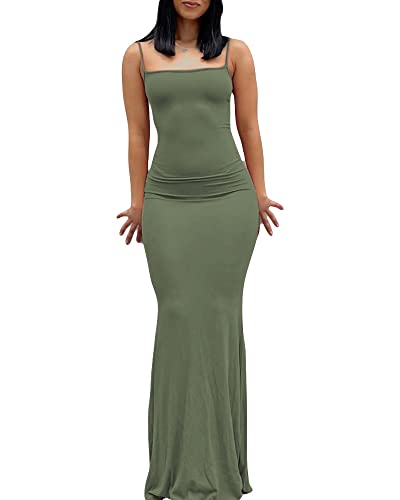 Damen-Maxikleid mit Spaghettiträgern, ärmellos, lang, einfarbig, figurbetont, unten weit ausgestellt, Abend- und Partykleid, grün, L von Felcia