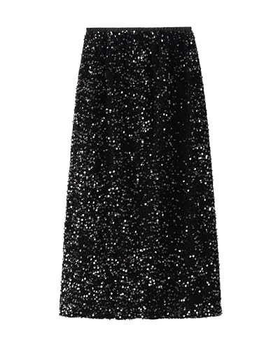 Damen Pailletten Maxirock Elegant Elastische Taille Glänzend Casual Rock Stretchy Party Night Out Röcke, Schwarz , Einheitsgröße von Felcia