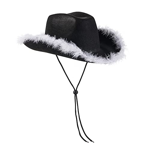 Cowboyhut für Damen, Erwachsene, einfarbig, pelziger Rand, breite Krempe, Cowboyhüte mit Federn für Verabredung, Party, Tanz, Rosa, Einheitsgröße von Felcia