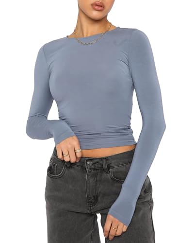 Felcia Damen Skims Dupe T-Shirt Fitted Crop Tops Einfarbig Kurzarm Cropped Baby Tees Sommer Streetwear Y2K Tops, D-light blue, Small von Felcia