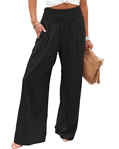 Damen Sommer Lose Lange Hose Freizeit Stil Einfarbig Hohe Taille Geraffte Strand Weite Bein Hose mit Tasche, Schwarz , L von Felcia