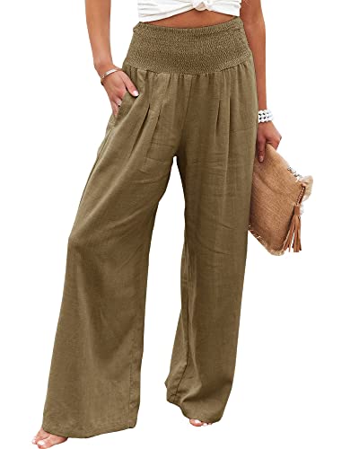 Damen-Sommerhose, lockere, lange Hose, Freizeit-Stil, einfarbig, hohe Taille, gerüscht, Strandhose mit Tasche, armee-grün, XL von Felcia