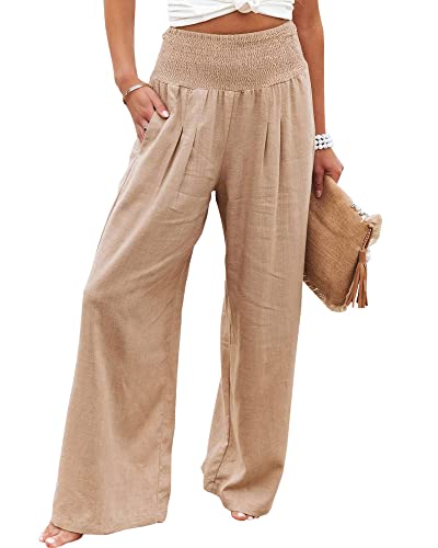 Damen Sommer Lose Lange Hose Freizeit Stil Einfarbig Hohe Taille Geraffte Strand Weite Bein Hose mit Tasche, khaki, XXL von Felcia