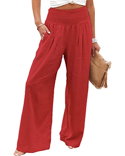 Damen Sommer Lose Lange Hose Freizeit Stil Einfarbig Hohe Taille Geraffte Strand Weite Bein Hose mit Tasche, rot, XXL von Felcia