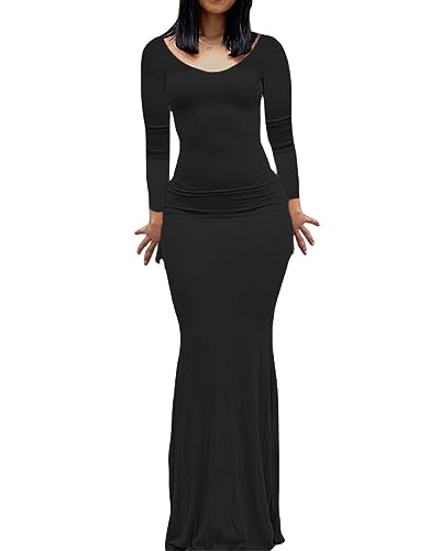 Damen Spaghetti-Träger, ärmellos, langes Kleid, einfarbig, figurbetont, Fischschwanzkleid, Party, Abend, Maxikleid (A-Black, XS) von Felcia