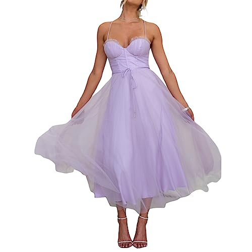 Damen Tüll Formelle Abendkleid Einfarbig Rückenfrei Korsett Kleid Elegante Party Cocktail Hochzeit Abendkleid, A-Lavendel Lila, Medium von Felcia