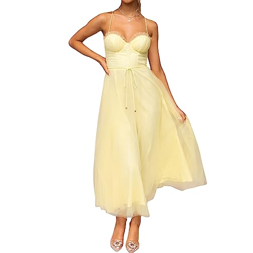 Damen Tüll Formelle Abendkleid Einfarbig Rückenfrei Korsett Kleid Elegante Party Cocktail Hochzeit Abendkleid, A-gelb, L von Felcia