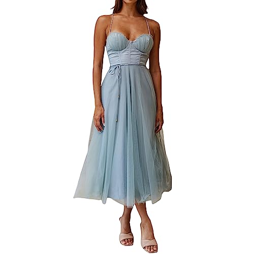 Damen Tüll Formelle Abendkleid Einfarbig Rückenfrei Korsett Kleid Elegante Party Cocktail Hochzeit Abendkleid, A-light blue, Small von Felcia