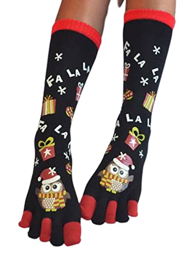 Damen Weihnachten Zehensocken Festlich Bedruckt Warm Oberschenkel Knielang Zehensocken Dehnbar Crew 5-Finger Strumpf, A-schwarz, One size von Felcia