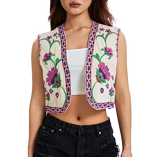 Damen Westen Vintage Floral Bestickt Crop Weste Casual Nationalen Stil Offene Front Ärmellos Cardigan Oberbekleidung Gilet Streetwear, A-Pink, 38 von Felcia