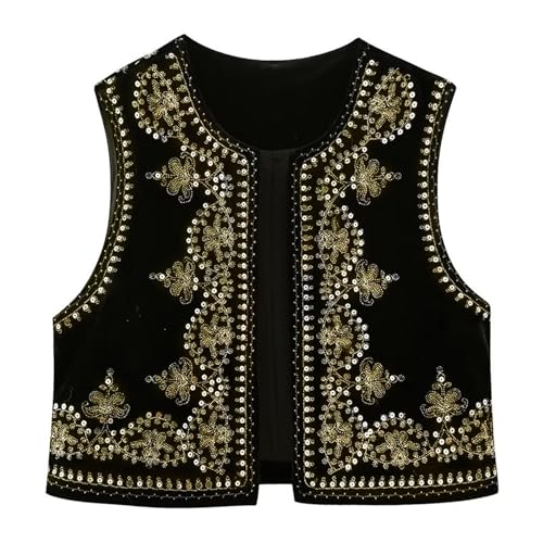 Damen Westen Vintage Floral Stickerei Crop Weste Casual National Style Open Front Ärmellos Cardigan Oberbekleidung Gilet Streetwear, C-schwarz, L von Felcia