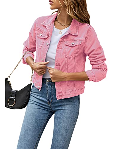 Einfarbige Denim-Jacke für Damen, lässig, langärmelig, Knopfleiste, Brusttasche, Jeansjacke (Rosa, L), rose, 42 von Felcia