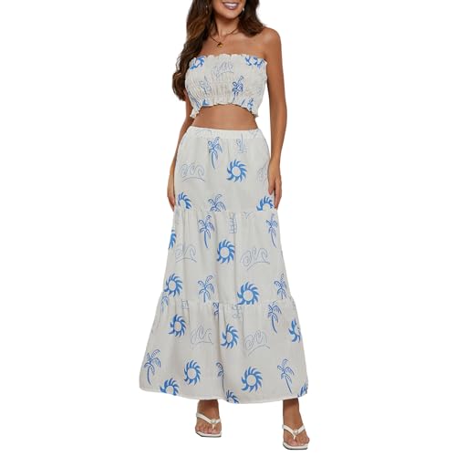 Felcia Damen 2 Stück Maxirock Set Sommer Sexy Rückenfrei Bandeau und A Linie Flowy Maxi Rock Set Beachwear, A-Blau, 40 von Felcia