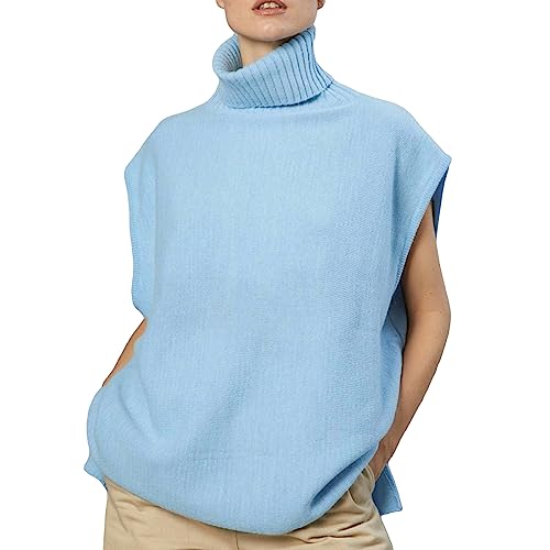 Felcia Damen Ärmellose Pullover Casual Stricken Breite Schulter Tank Tops Pullover Stilvolle Vintage Rollkragenpullover Streetwear, A-Blau, M von Felcia