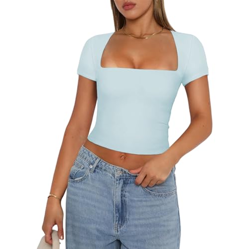 Felcia Damen Basic Crop Tops Stretchy Square Neck Kurzarm Enges T-Shirt Sommer Ausgehen Tops Streetwear, A-Sky Blue, Small von Felcia