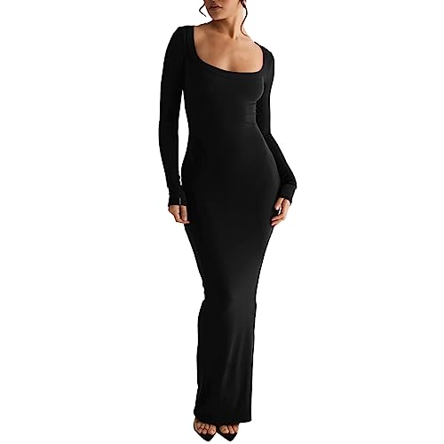 Felcia Damen Bodycon Langes Kleid Casual Rundhals Langarm Eng Ausgehen Maxikleid Cocktail Party Club Kleid, A-schwarz, L von Felcia